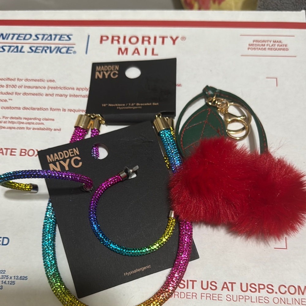 Madden NYC Rainbow Bracelet Set earrings and Pom Pom keychain bundle